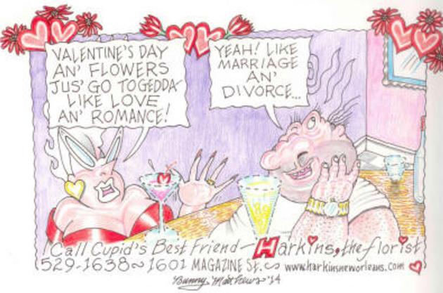 A hand-drawn color cartoon of Vic & Nat'ly saying the holiday and flowers match like love and romance or marriage and divorcee
