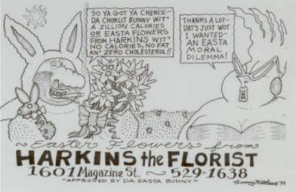 A hand-drawn cartoon of Vic dressed as an Easter bunny with flowers discussing the caloric dilemma of the holiday with Nat'ly