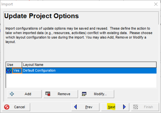 Update project options for default configuration in Primavera P6