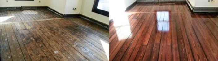 before and after image of refinished hardwood floor.