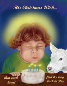 Jesus as small boy blowing out Birthday Candles. Painting.