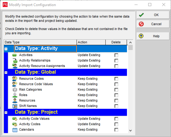 Modify import configuration for data type in Primavera P6
