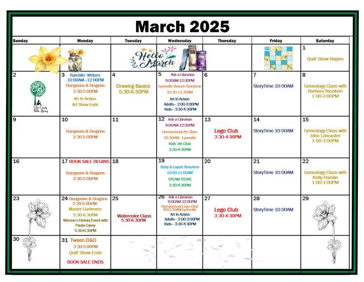 March Calendar of events