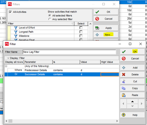 use Primavera P6 parameter contains and select OK