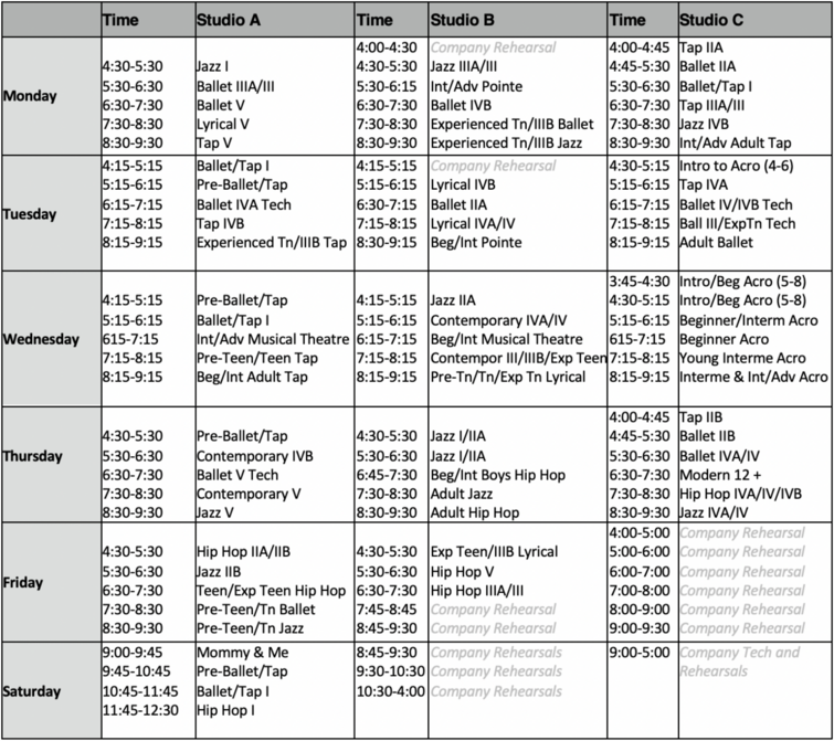 Encore Dance Center- Fall Schedule