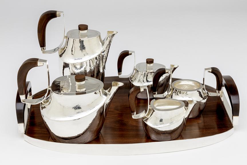 Sterling silver Coffee and tea service, rosewood handles and tray.