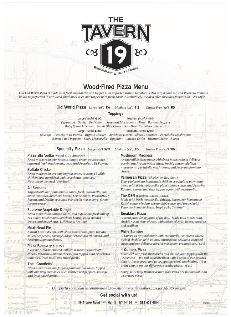 The Tavern 19 Menu