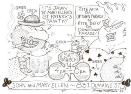 A hand-drawn comic of Vic and Nat'ly wearing St. Patricks garb and drinking alcohol, announcing a St. Patrick's Party