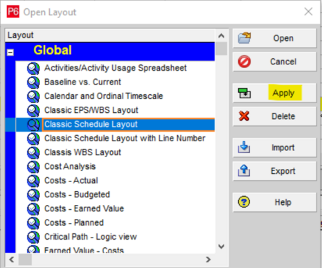 Open layout in Primavera P6