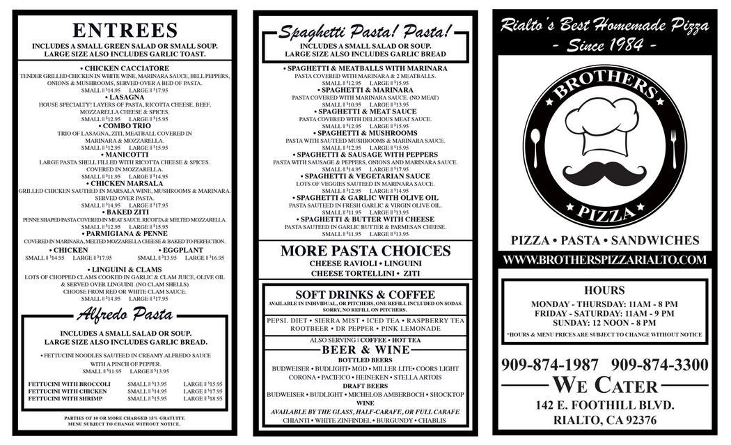 Menu for shop brothers pizza