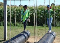 Picture of girls walking on swinging black tubes in Maze Park