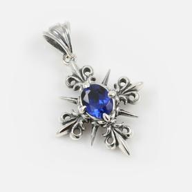 Royal Cross Fleur-de-lis Design Sterling Silver Pendant w/Blue Zircon