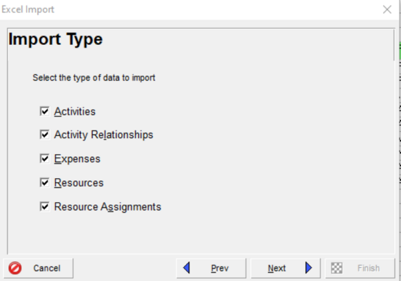 Select Excel import type in Primavera P6