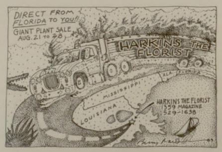 A hand-drawn cartoon of a harkins truck driving across a map from Florida full of plants, advertising a plant sale