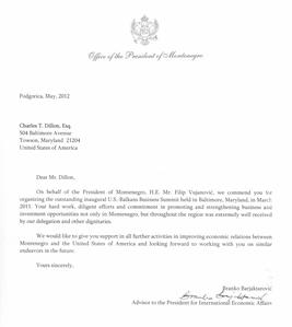 Letter of Appreciation - President of Montenegro