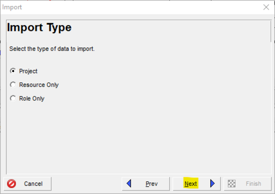Select project as import type in Primavera P6