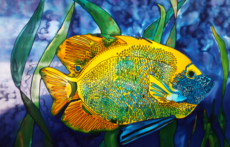 Tracy Harris silk Artist, Water Based Resist, With Silk Dyes, Limited Editions, Salt Water Angelfish, Tracy Harris