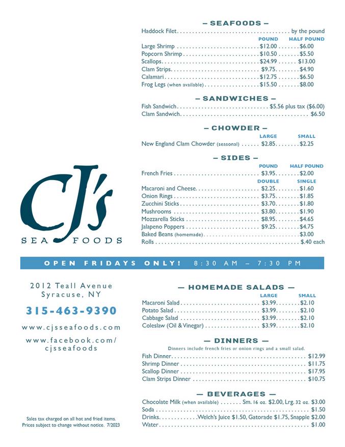 A wide variety of seafood treats available at CJ’s Seafoods, a favorite Syracuse fish fry.