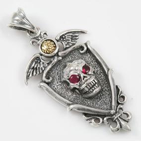 Red EyeSkull on Winged Shield with Fleur-De-Lis emblem Two Tone Bronze & Silver