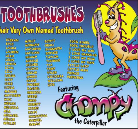 Chompy the Caterpillar cartoon logo caterpillar character for child's toothbrush