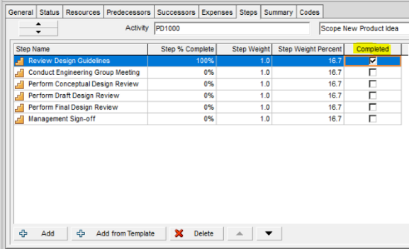 Take progress using weighted steps in Primavera P6 schedule