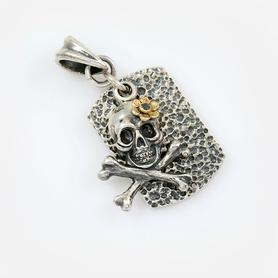 Skull and Bones Oxidized Sterling Silver Tag Pendant with Golden Flower and Onyx