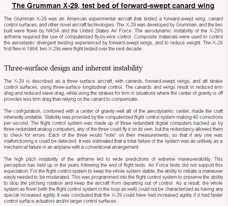 wiki background for 4D model of Grumman X-29