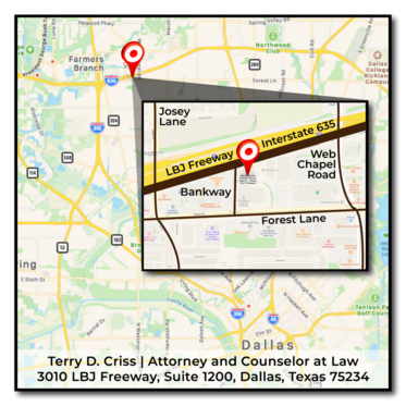 Map of Terry D. Criss, Attorney and Counselor at Law, 3010 LBJ Freeway, Suite 1200 Dallas, Texas 75234