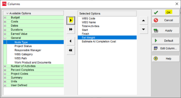 Select est weight under Primavera P6 general category with arrow