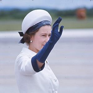 image of Queen Elizabeth II waving farewell. Taken during the Royal visit to Canada in 1967. photo by John de VIsser