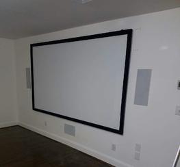Projector Screen mounted with in wall speakers, Home Theater Installation, Carolina Custom Mounts