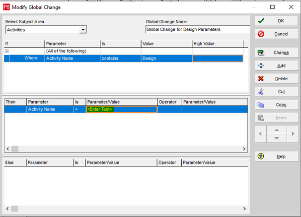 modify global change in Primavera P6 and add parameter