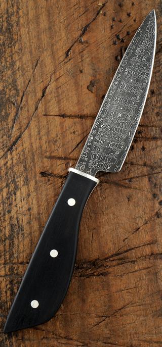 Damascus steel, ebony wood and sterling silver knife by Kevin O'Dwyer.