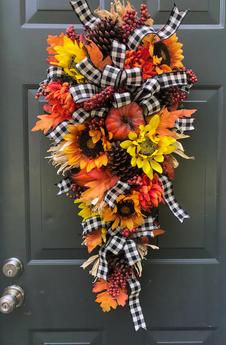 Fall Harvest Front Door Yellow Orange Gourd Pine Cone Berry Swag