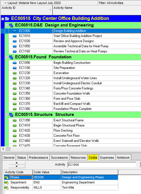 Sort Primavera P6 schedule using codes tab