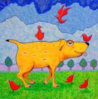 Nursery art friendly dog with bird friends Ian Turner Artist Seattle Bainbridge Island