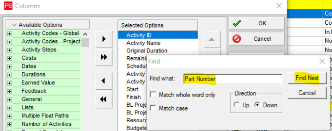 Select user defined Primavera P6 field and then next