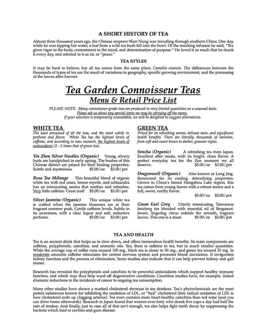 Tea Garden Tea Menu