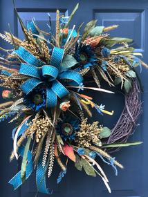 Teal Gold Fall Sunflower Grapevine Wreath