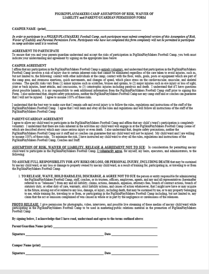 Camp Waiver Form