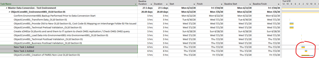 MS Project baseline schedule