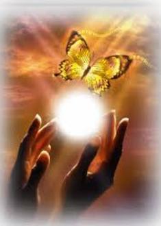 Photo image of two hands releasing a beautiful ball of white light from which a yellow butterfly emerges,