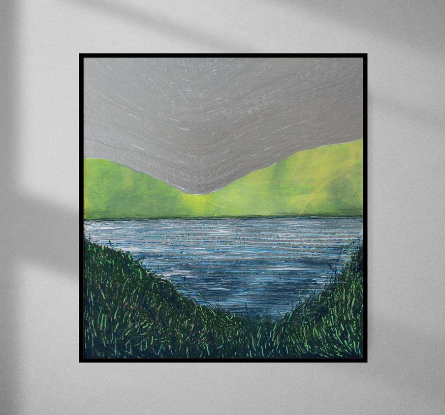 Lake Landscape 2022. Hand-painted Acrylic on Wood by Orfhlaith Egan. Available at asoftday.com Studio Collection.