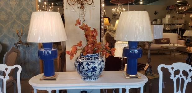 pair of lamps cobalt blue porcelaine fired new antique vintage house of tuscany for sale