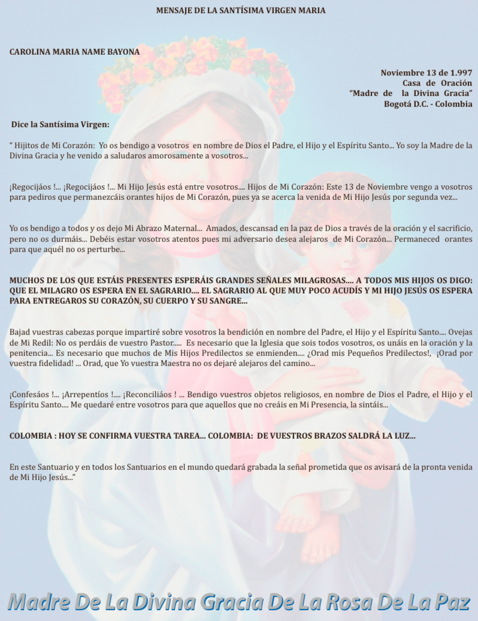 NOVIEMBRE 13 de 1997 Bogotá Colombia - mensaje de la virgen
