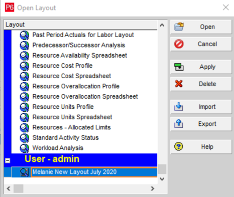 Open layout in Primavera P6