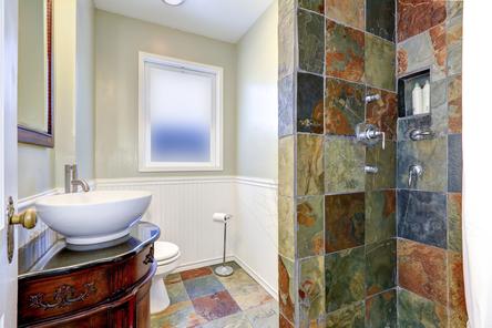 bathroom remodeling contractor custom slate tile shower vessel sink installation Parker Colorado