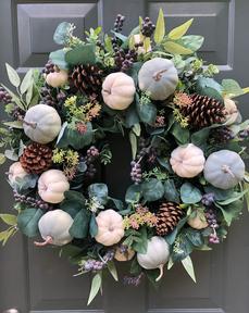 Designer Falll Wreath Soft Blue White Pumpkins