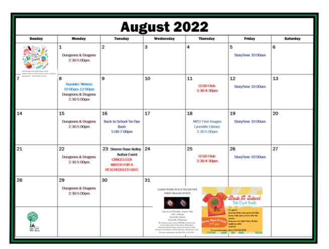 August Calendar of events