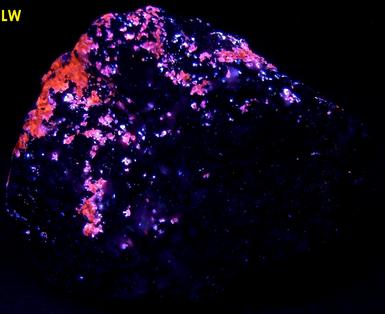 SW LW UV fluorescent SPHALERITE Cleiophane, WILLEMITE, MAGNETITE, CALCITE, Franklin, Franklin Mining District, Sussex County, New Jersey, USA